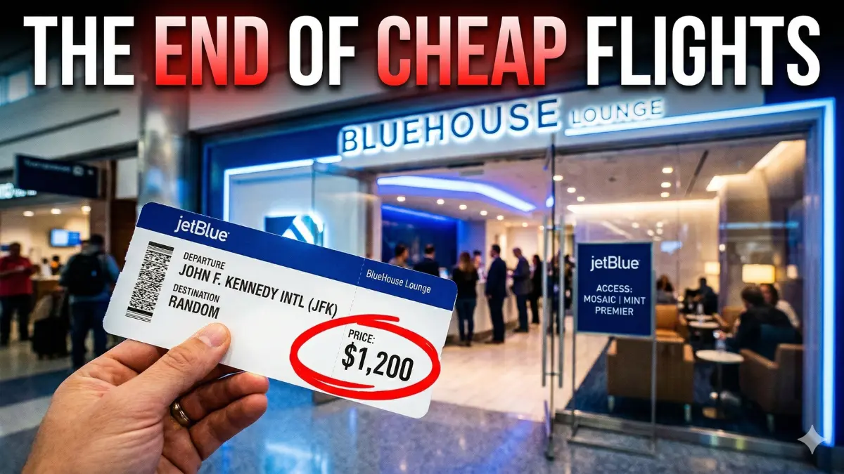 JetBlue boarding pass showing a $1,200 fare in front of the new JFK BlueHouse Lounge, symbolizing the end of budget travel and the airline's new business strategy.