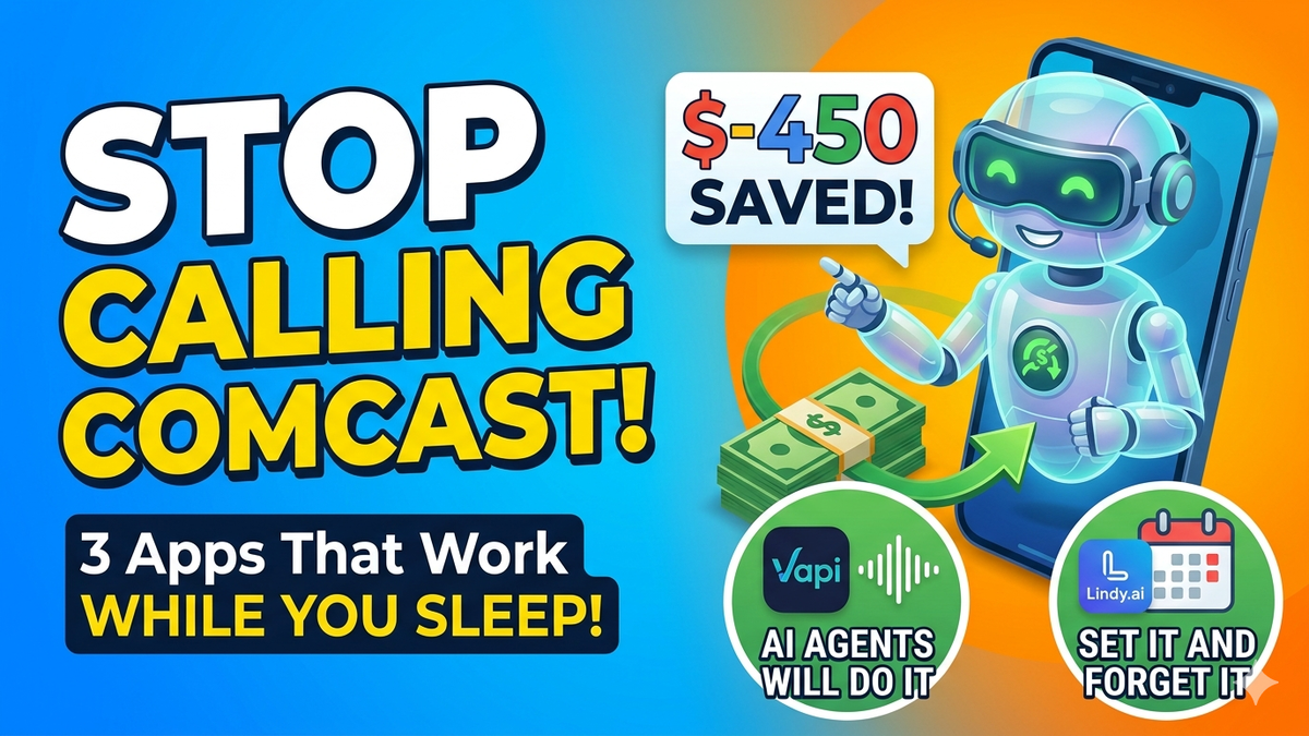 A futuristic 3D robot agent emerging from a smartphone screen to negotiate a Comcast bill, showing a text bubble with 450 dollars saved and icons for tax deductions and subscription cancellations.