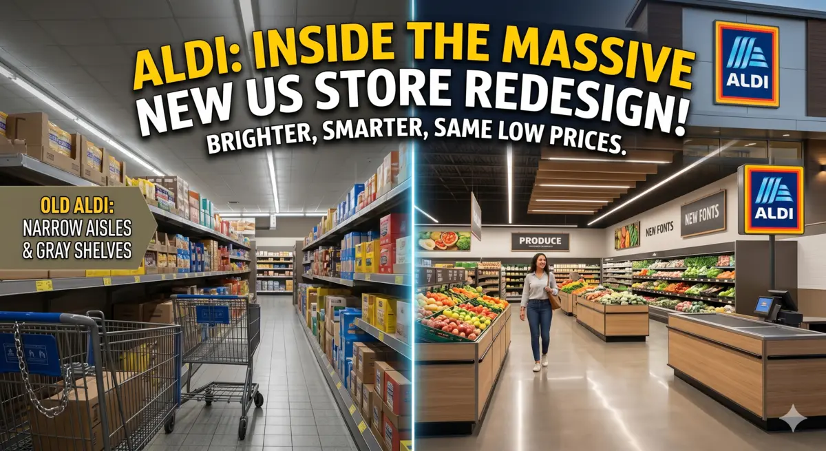 A side-by-side before and after comparison of the old Aldi grocery store design featuring narrow aisles and gray shelves, next to the modern, bright 2026 US store redesign with wood accents, wider aisles, and a fresh produce section. Text overlay reads: "ALDI: INSIDE THE MASSIVE NEW US STORE REDESIGN! BRIGHTER, SMARTER, SAME LOW PRICES.