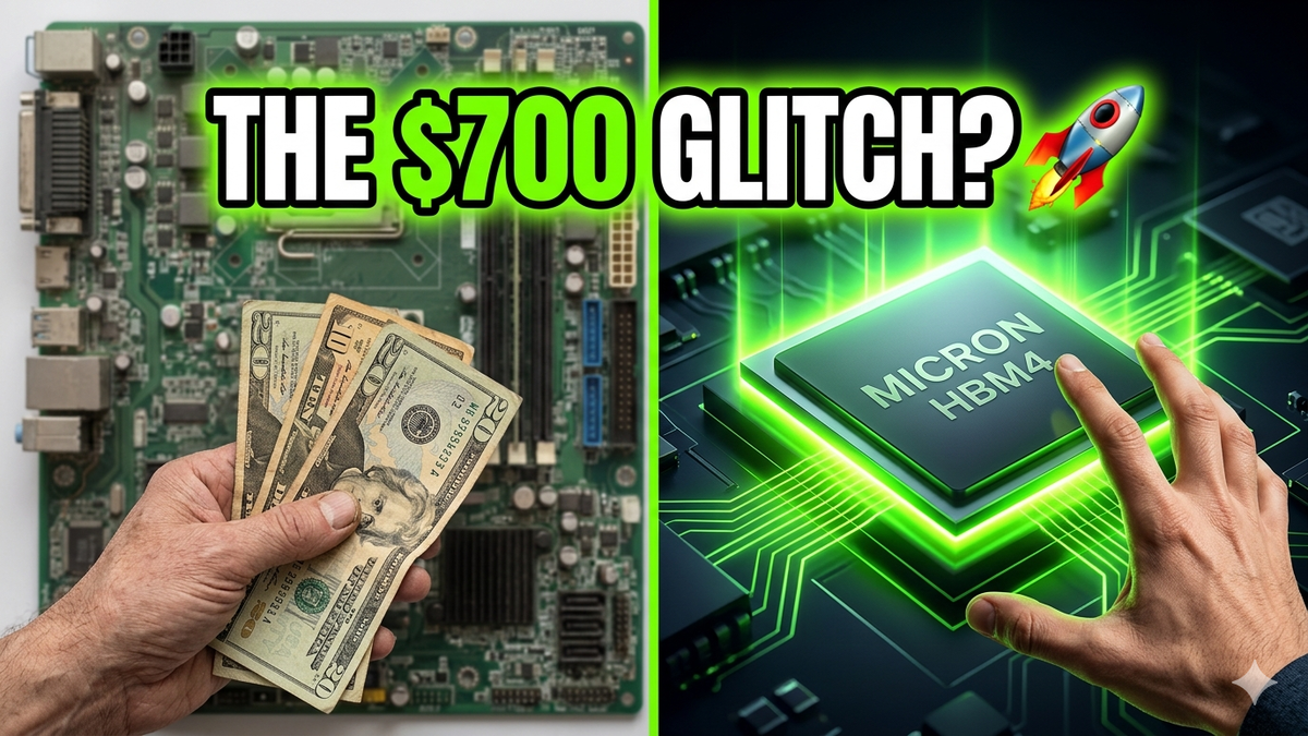 A split-screen comparison showing a hand holding old US dollar bills over a dusty circuit board versus a futuristic, glowing Micron HBM4 AI memory chip being grabbed by a hand, featuring the text "THE $700 GLITCH?" and a rocket emoji.