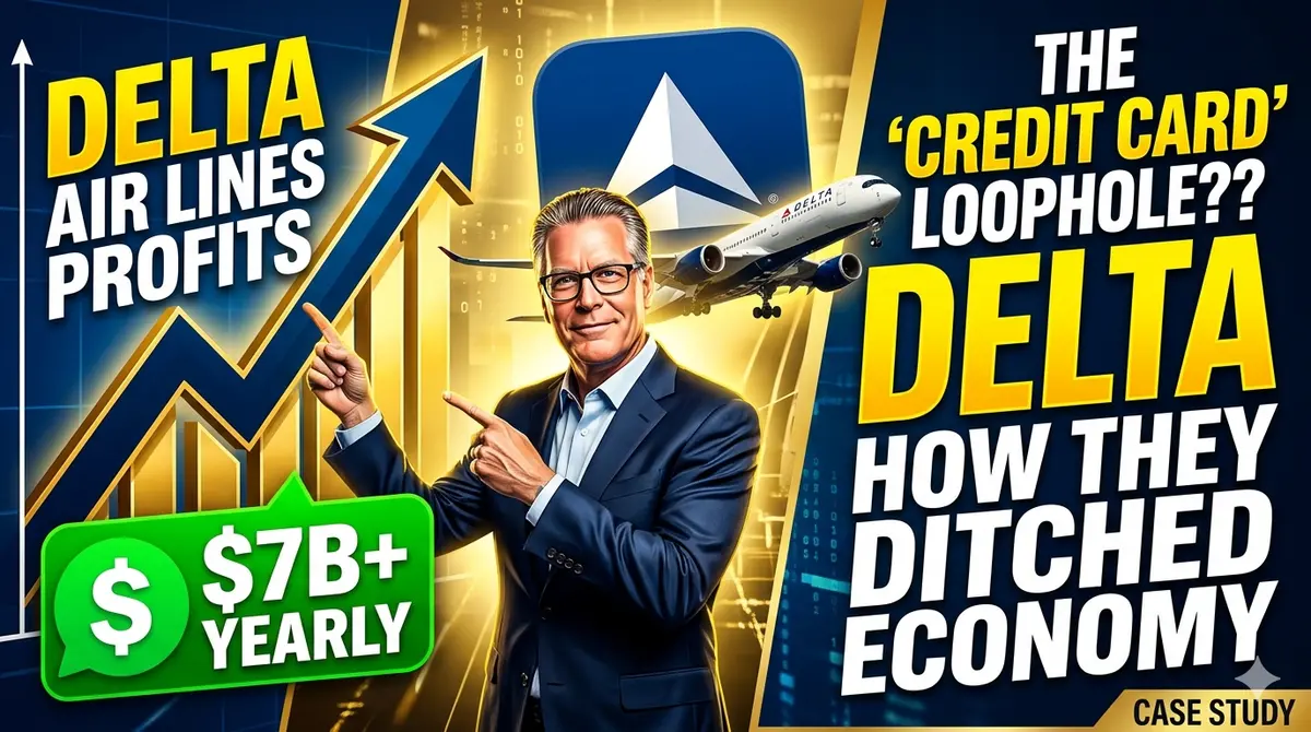 A high-contrast business case study thumbnail featuring a professional executive in a suit pointing toward a rising blue financial arrow. The background shows a modern Delta Air Lines jet and a digital stock market chart. Large, bold text reads "The 'Credit Card' Loophole??" and "DELTA: How They Ditched Economy." A bright green badge in the corner highlights "$7B+ Yearly."