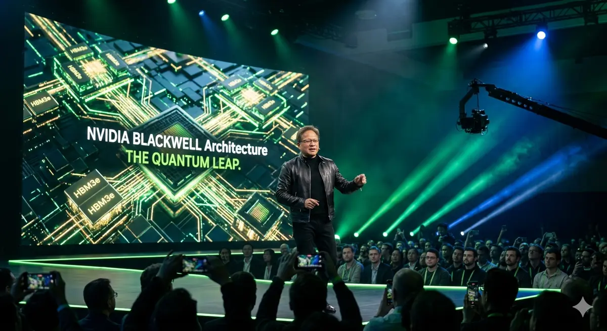 NVIDIA CEO Jensen Huang presenting the Blackwell B200 GPU architecture on stage during a high-tech keynote event with cinematic green lighting and a large digital display.