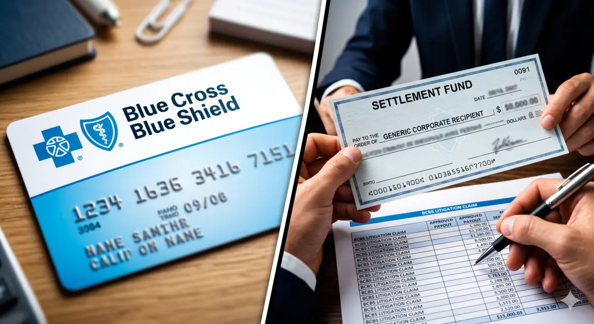 Blue Cross Blue Shield insurance card alongside a corporate settlement check and spreadsheet, representing the BCBS antitrust lawsuit financial payout for businesses.