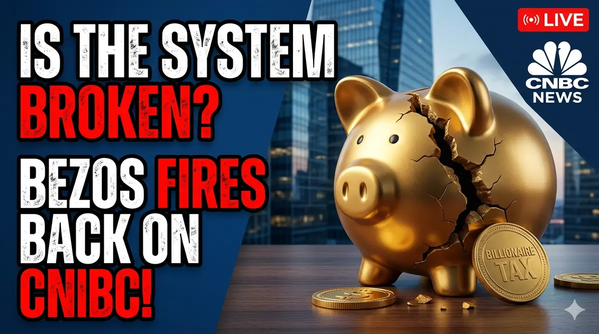 A YouTube-style news thumbnail showing a large, cracked golden piggy bank next to a "Billionaire Tax" coin, with a corporate skyline background and bold red and white text overlay asking, "IS THE SYSTEM BROKEN?"