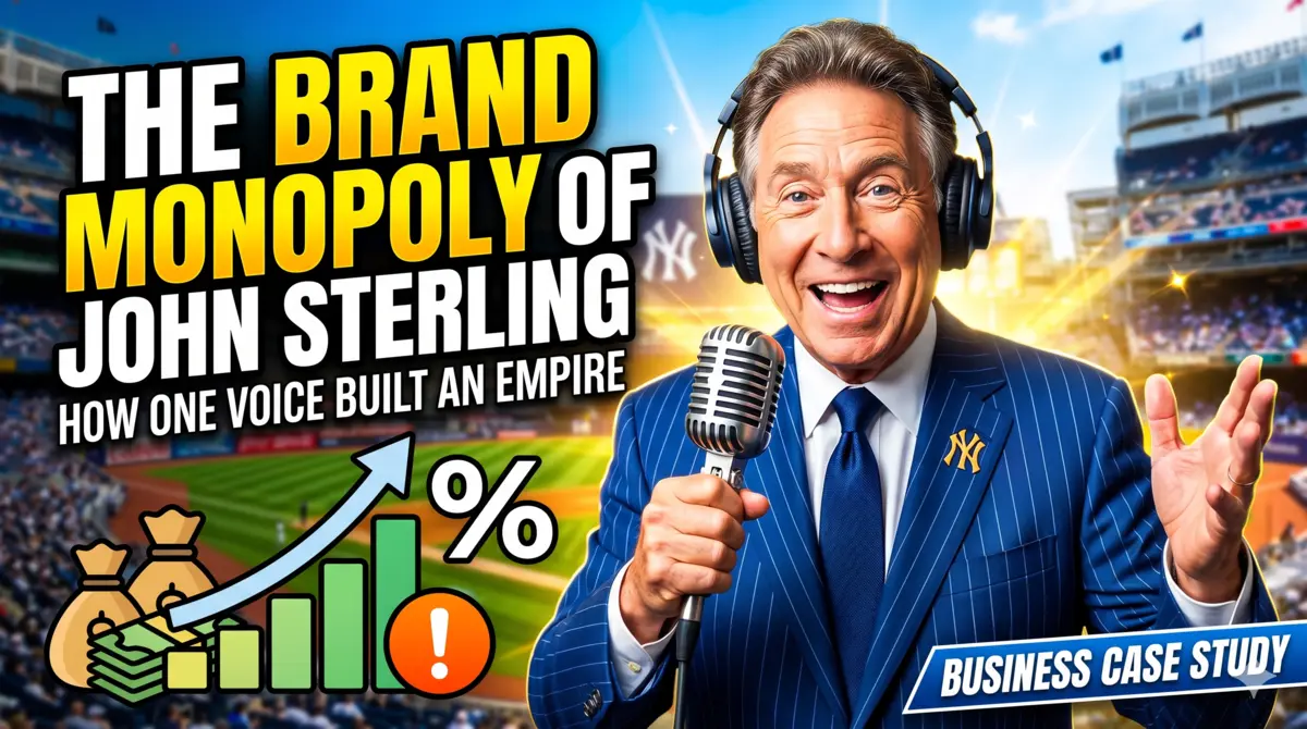 John Sterling smiling with a vintage microphone and headset in front of a baseball stadium. A rising green growth chart and money bags illustrate a business case study alongside text reading 'The Brand Monopoly of John Sterling: How One Voice Built An Empire.'