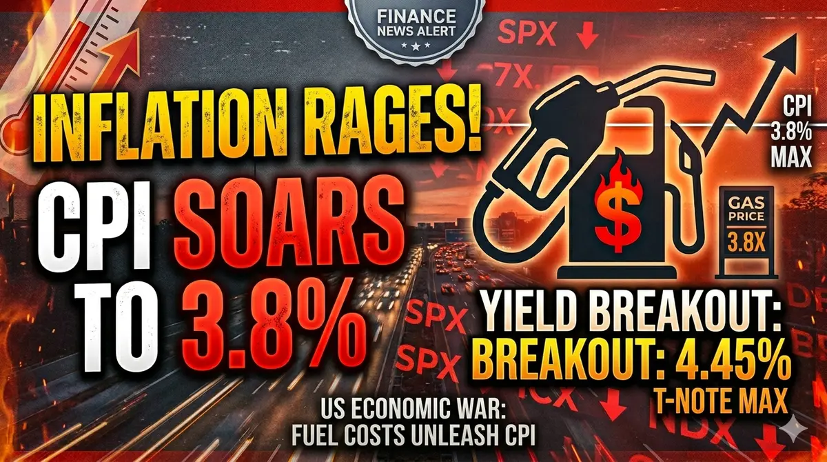 A dramatic economic news graphic featuring a red-themed background with a thermometer at the top left showing rising heat and a red arrow pointing up. The main text in bold yellow and white says 'INFLATION RAGES! CPI SOARS TO 3.8%'. Centered is an icon of a gas pump with a flame and dollar symbol. On the right, a rising stock market-style arrow points toward the text 'CPI 3.8% MAX' and 'YIELD BREAKOUT: 4.45%'. The bottom caption reads 'US ECONOMIC WAR: FUEL COSTS UNLEASH CPI' against a backdrop of falling red stock market indicators.