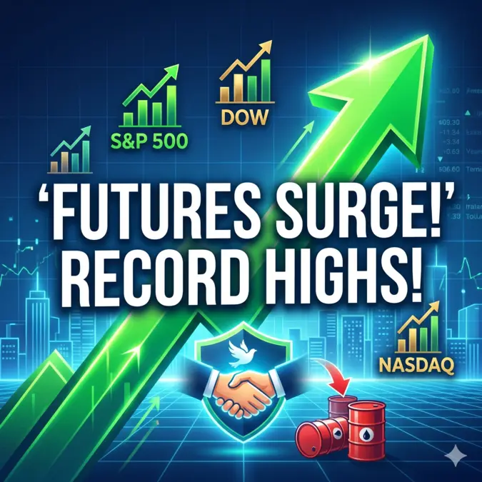 Stock market futures chart displaying a massive green upward trend arrow, S&P 500, Dow, and Nasdaq indicators, with bold "Futures Surge! Record Highs!" text, a diplomatic handshake, and falling oil barrels.