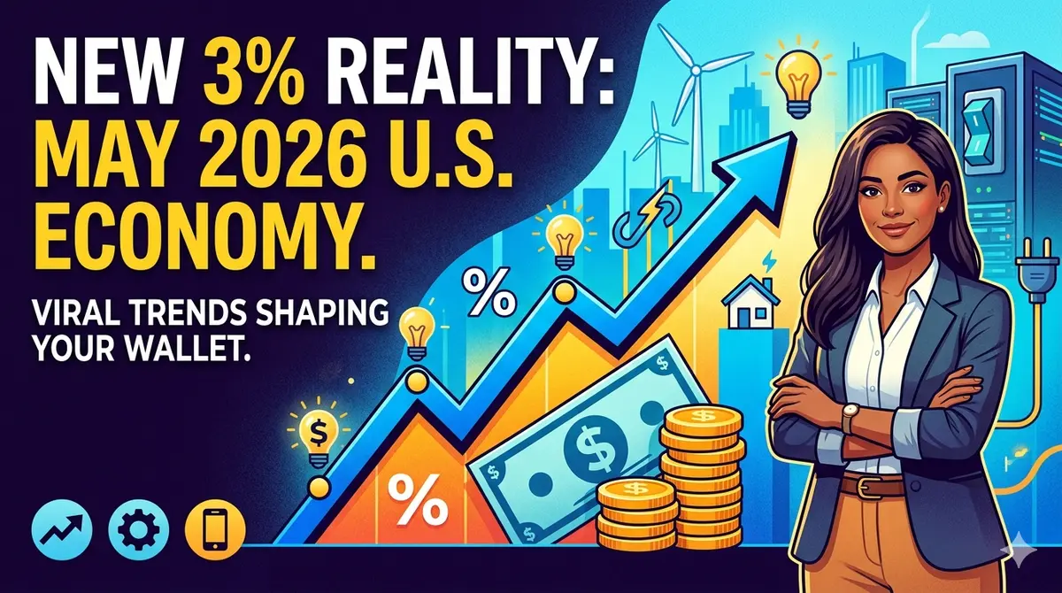 An infographic-style illustration showing an upward-trending financial chart with dollar icons, lightbulbs representing AI innovation, and a professional woman in a blazer symbolizing economic leadership in the 2026 U.S. market.