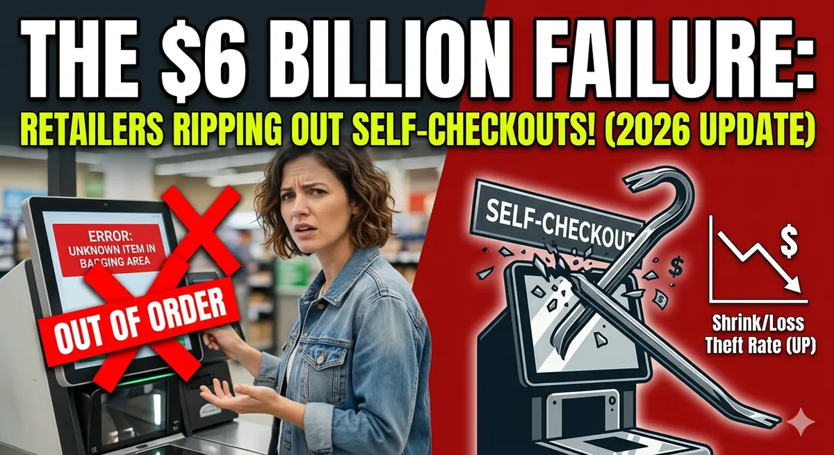 A frustrated female shopper looking at an error message on a Walmart-style self-checkout kiosk with a red X overlay, representing the 2026 trend of US retailers removing automated lanes.