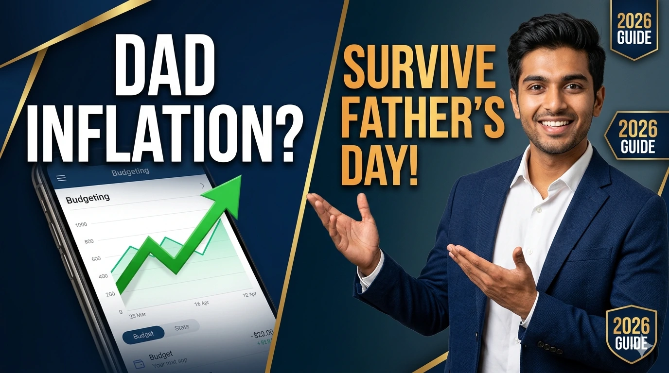 A dynamic finance article thumbnail with large text reading "FATHER'S DAY 2026: $27.9 BILLION SPENDING SPREE!" next to a happy father holding a child, floating money icons, and a consumer spending graph, set against a cityscape.