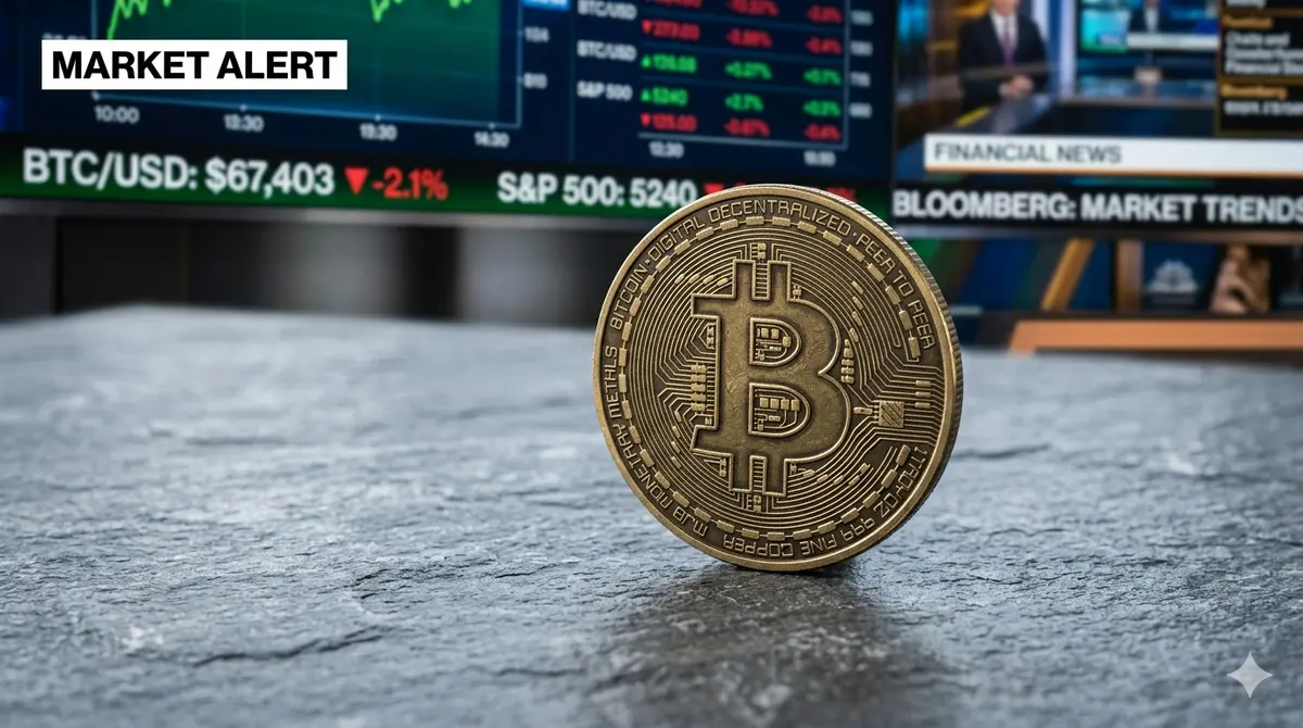 A physical Bitcoin coin resting on a dark slate surface with a blurred financial stock market ticker showing BTC/USD price at $67,403 in the background.