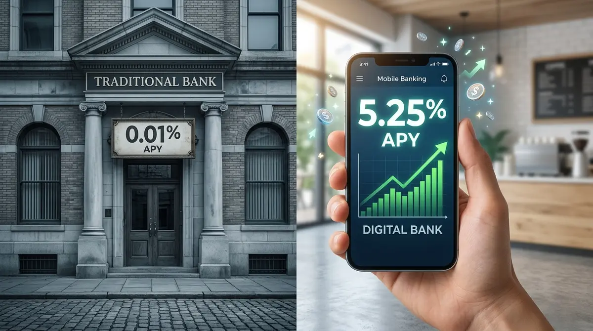A side-by-side comparison showing a dim, brick traditional bank building offering 0.01% APY on the left, and a hand holding a modern smartphone displaying a 5.25% APY growth chart from a digital bank on the right.