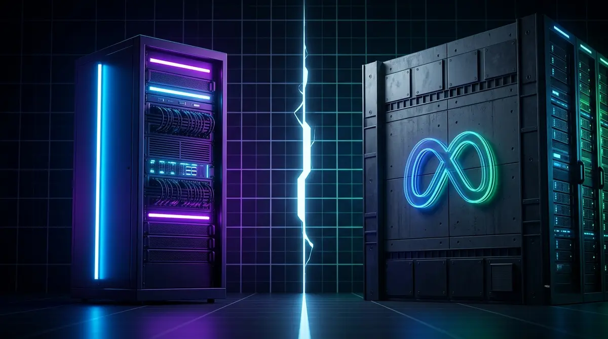 A high-contrast split-screen conceptual illustration showing a sleek, neon-lit CoreWeave specialized AI server rack on the left clashing with an imposing corporate data center wall featuring a glowing blue and green Meta infinity logo on the right.