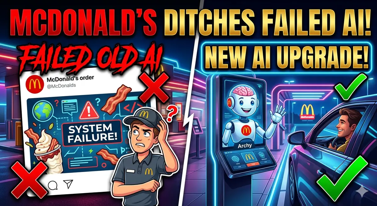 Comic style comparison of McDonald's failed drive-thru order system failure versus the new Archy AI upgrade screen with a customer in a car.