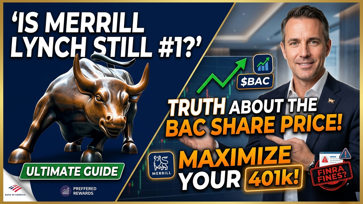 A high-retention finance thumbnail featuring the iconic Merrill Lynch charging bull, an stock chart indicator for BAC, a professional financial advisor pointing to retirement text, and a FINRA regulatory compliance alert stamp.