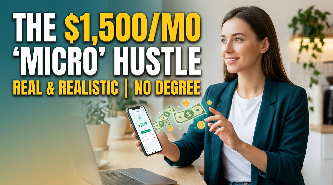A smiling young professional woman sitting at a coffee shop table with a laptop, holding a smartphone showing a positive balance with digital dollar bills and coins floating out of the screen. Large bold text on the left reads THE $1,500/MO MICRO HUSTLE REAL & REALISTIC NO DEGREE.
