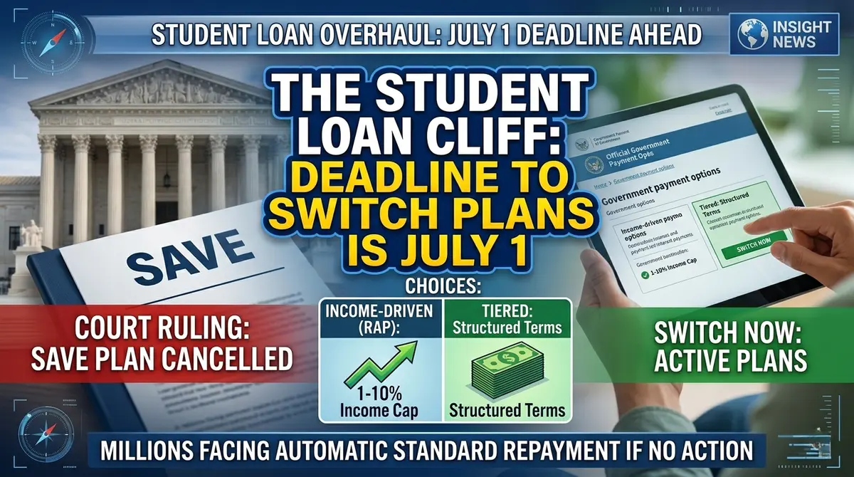 A professional news-style infographic detailing the student loan overhaul and the July 1 deadline. It features a background with a court building and a person using a tablet, alongside clear text overlay explaining the cancellation of the SAVE plan and the shift to new RAP and Tiered payment options.