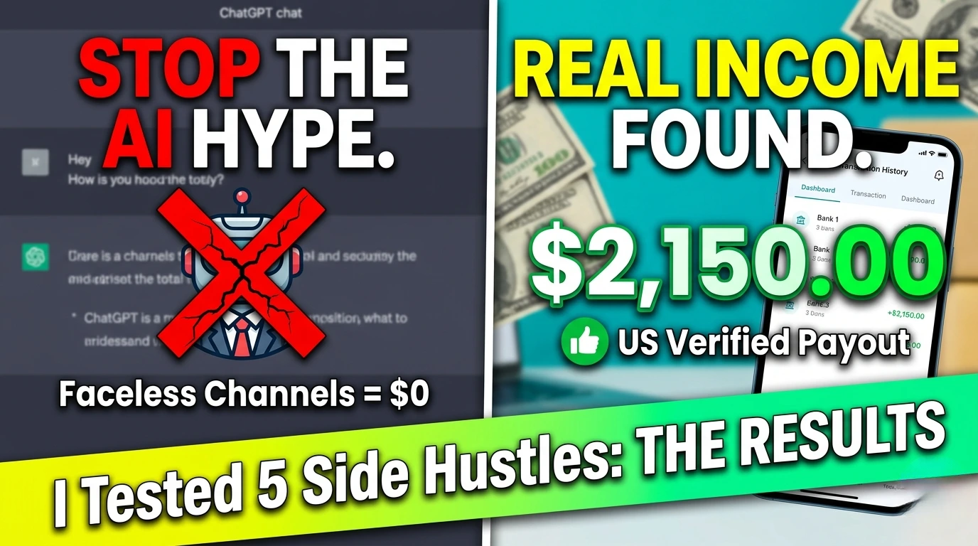 Split screen graphic contrasting a failed AI faceless video channel earning zero dollars with a real mobile banking dashboard showing a verified payout of 2,150 dollars.