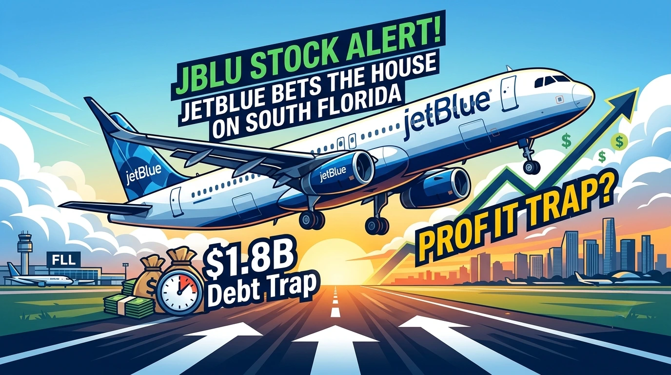 A bold digital illustration of a JetBlue commercial airplane taking off from a runway over a South Florida city skyline. The graphic features text overlays reading "JBLU STOCK ALERT!", "$1.8B Debt Trap" next to a ticking clock icon, and a green financial chart arrow pointing upward alongside the phrase "PROFIT TRAP?".