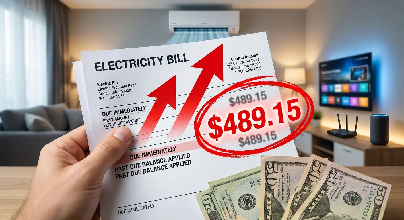 A homeowner holding a high utility bill showing an increased total due next to a modern air conditioner unit and smart home meter.