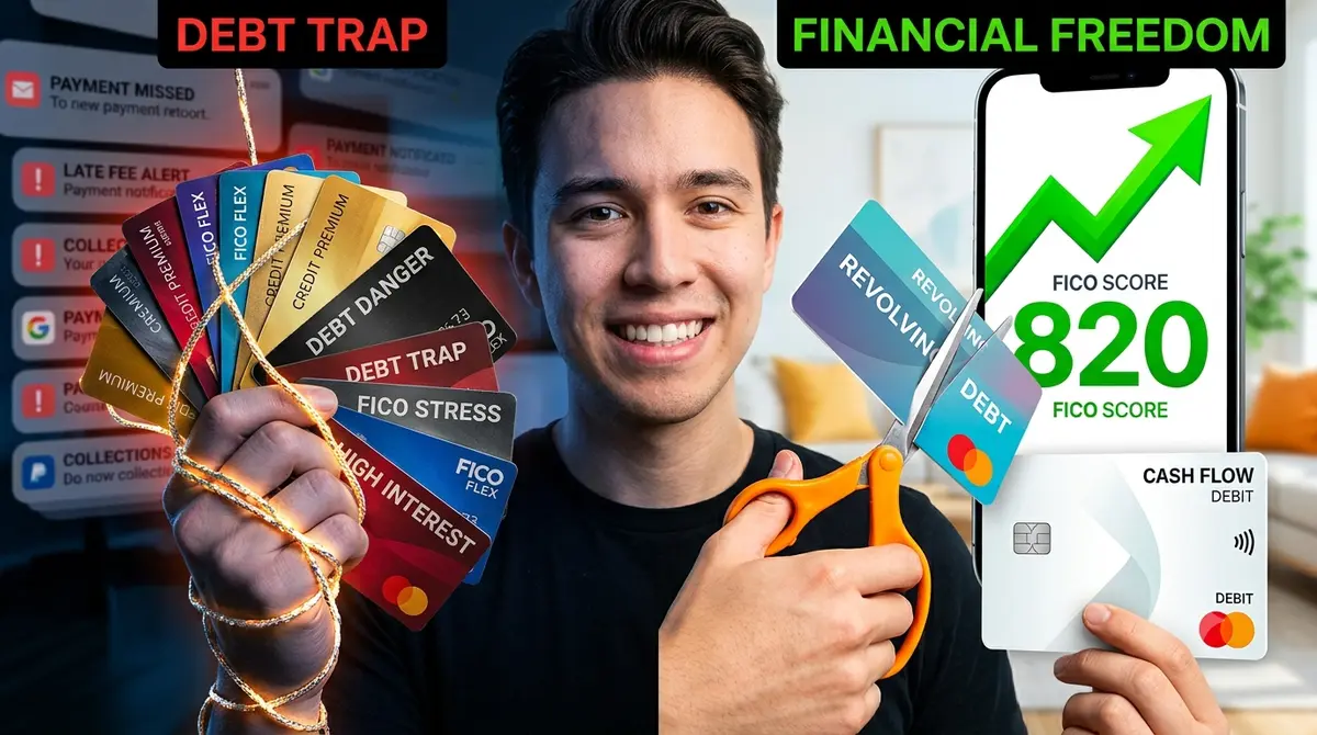 A conceptual vertical split image featuring a young man transitioning from credit card debt to financial freedom, holding scissors cutting a card next to a smartphone showing a rising 820 FICO credit score and a modern cash-flow debit card.