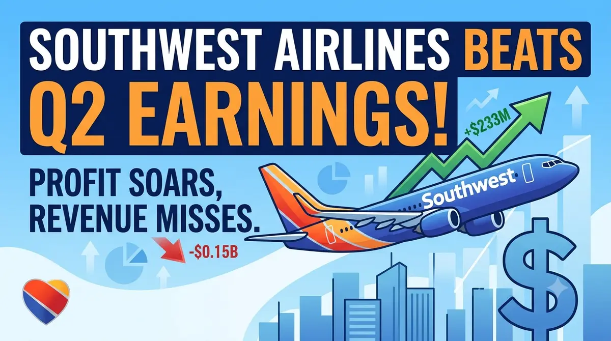​Southwest Airlines aircraft flying upward next to a financial stock chart showing Q2 earnings profit growth.