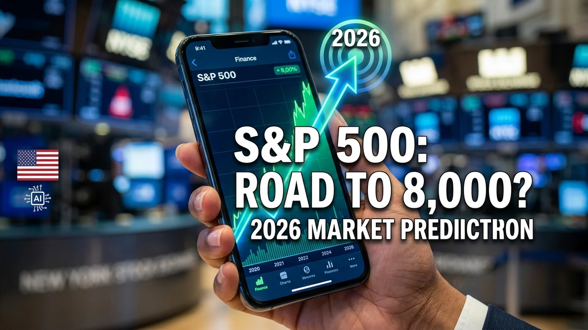 ​A person holding a smartphone displaying a rising S&P 500 stock market chart inside the New York Stock Exchange, with a green arrow pointing toward a 2026 target.