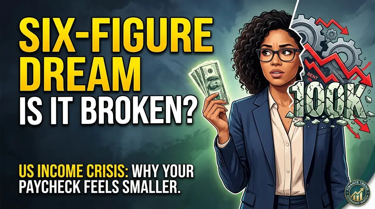 Illustration of a concerned professional holding US dollar bills beside a cracked 100K sign and downward economic charts, highlighting shrinking purchasing power.