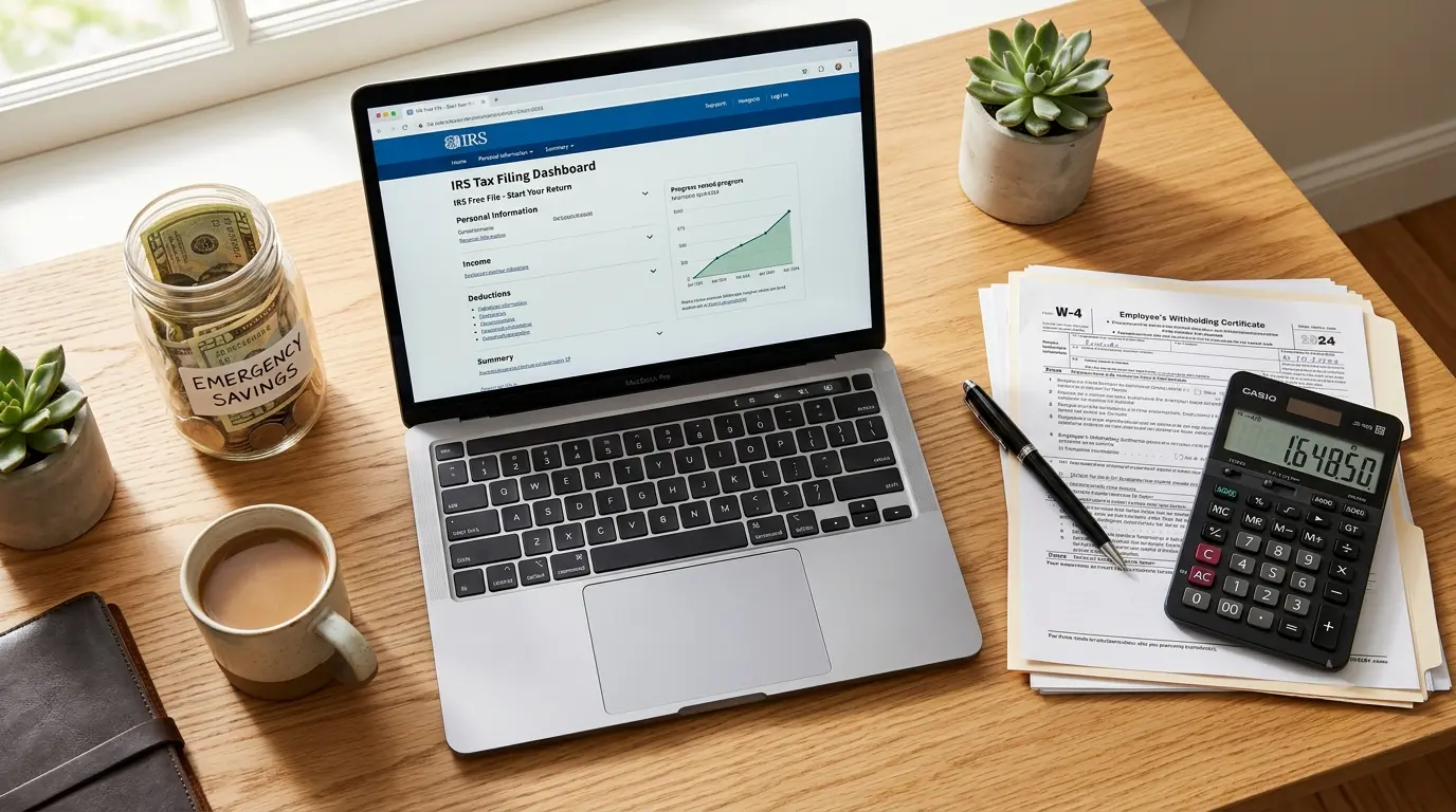 ​Laptop displaying the official IRS 2026 tax brackets next to a W-4 form and calculator on a wooden desk.