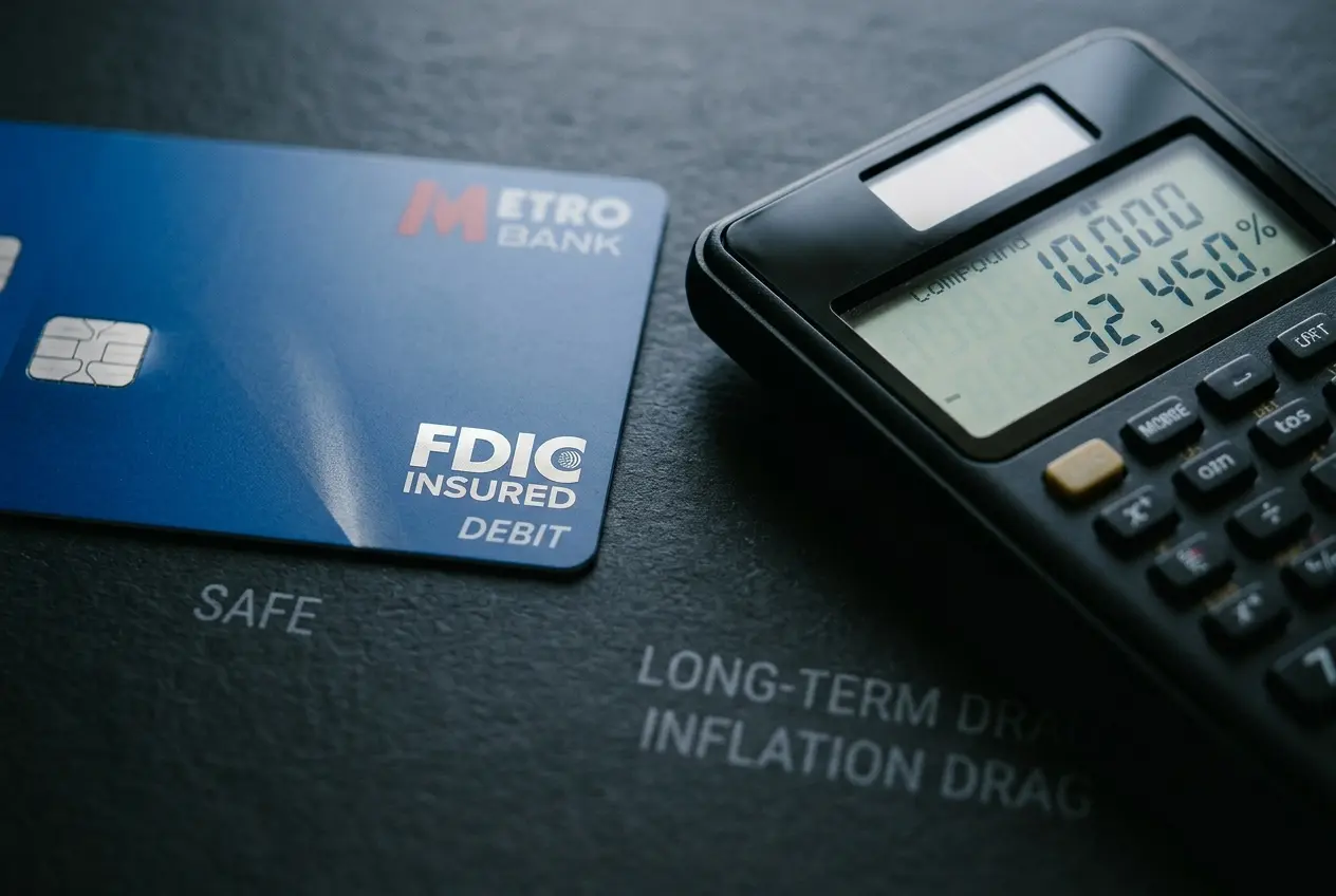 Smartphone banking app displaying an APY balance next to a notebook showing compound investment growth figures.
