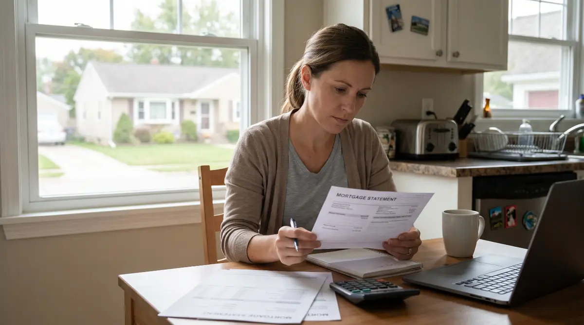 American homeowner reviewing mortgage insurance and refinancing costs at home